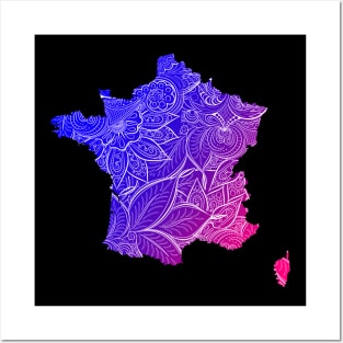 Colorful mandala art map of France with text in blue and violet Posters and Art